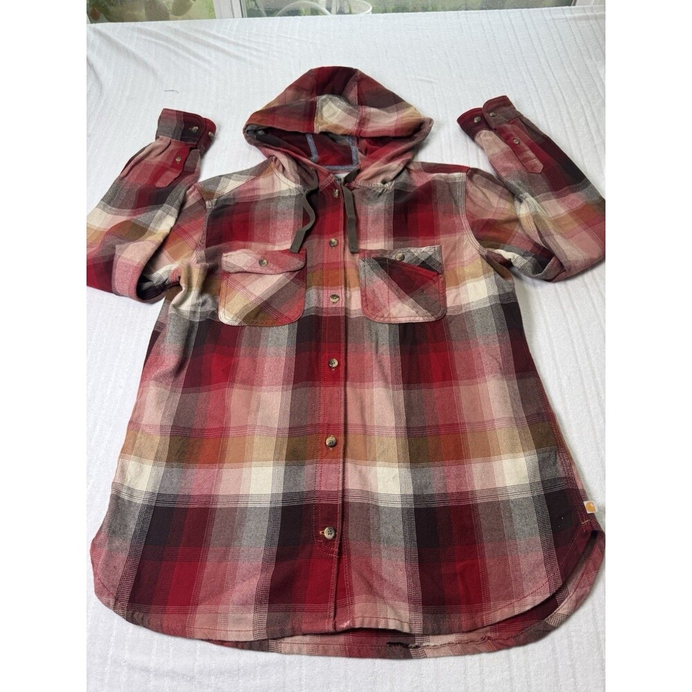 Carhartt Youth Plaid Hooded Flannel Shirt Size M 8/10 Red Brown 100% Cotton